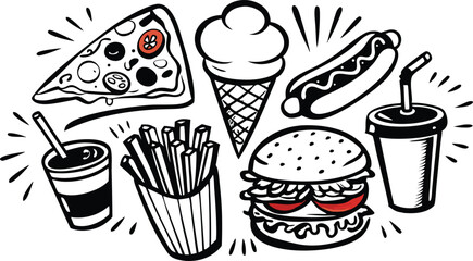 Delicious Fast Food Pizza, Burger, Fries, Hot Dog, Ice Cream