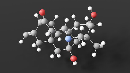 panicudine molecule 3d, molecular structure, ball and stick model, structural chemical formula c20-diterpene alkaloid