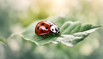 bright ladybug crawling on a fresh green leaf with blurry background 