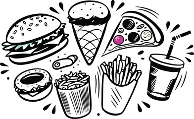 Delicious Fast Food Burger, Pizza, Fries, Soda, Ice Cream