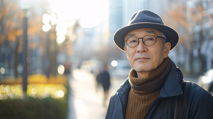 A serious-faced contributor posing on a green-lined street in a modern Tokyo district, with the afternoon sun highlighting the landscape