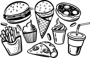 Fast Food Icons Burger, Fries, Pizza, Ice Cream, Soda