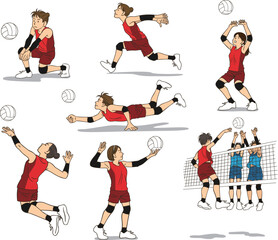 A set of various motions of female volleyball players, vector illustrations on white background