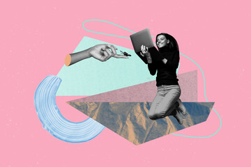 Contemporary artwork collage of happy pretty girl jump laptop hand hold butterfly showing gesture...