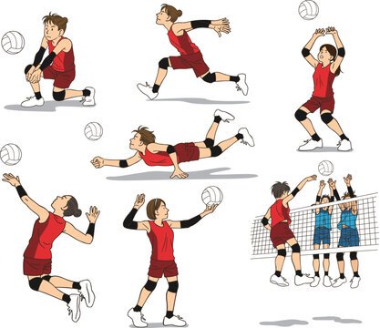 A set of various motions of female volleyball players, vector illustrations on white background