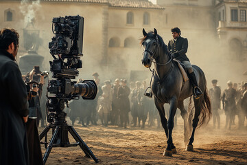 a man riding a horse next to a camera on a field with people watching him on a camera set up