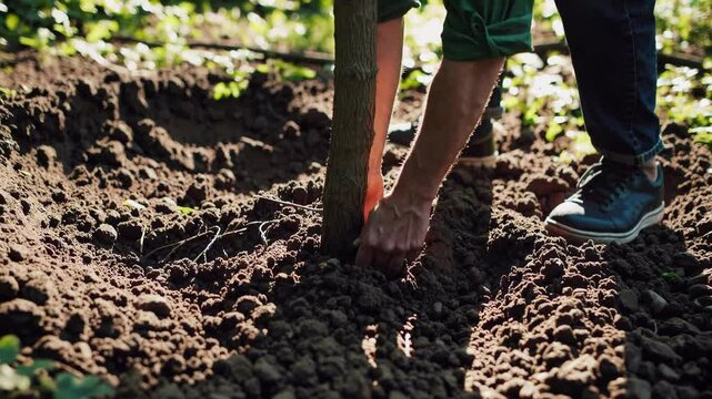 Forest planting with hands deep in soil, young man supports young trunk under tall trees and sunbeams. Forest planting inspires change. Forest planting restores nature. Concept rewilding planet