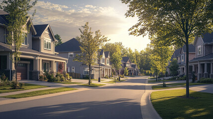 Serene suburban road with stylish family homes and lush greenery