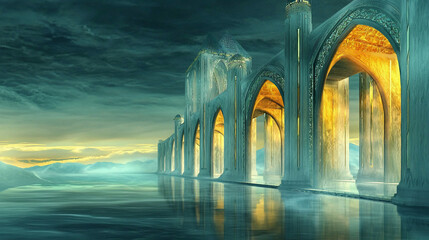 Naklejka premium Frozen Fortress, Sunrise, Misty Lake