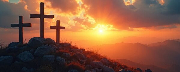 Three crosses stand on mountain summit against sunset sky. Easter concept represents resurrection, crucifixion, hope, faith. Christian symbol for religion, spirituality, biblical events, spiritual