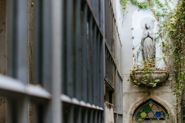 Historic statue surrounded by ivy abandoned courtyard urban exploration overgrown environment wide angle artistic preservation