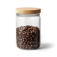 Clear glass jar with wooden lid, filled with coffee beans