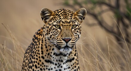 Fototapeta premium Majestic leopard portrait on blurred background, powerful wildlife photography