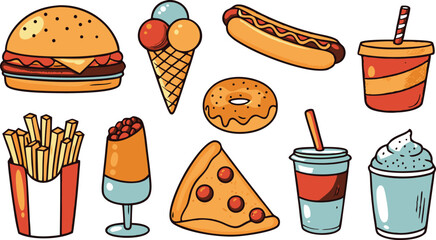Delicious Fast Food Collection Burger, Fries, Pizza, Ice Cream