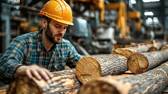 Sawmill Worker Inspecting Timber: A dedicated sawmill worker, donning a protective helmet, meticulously inspects freshly cut logs.