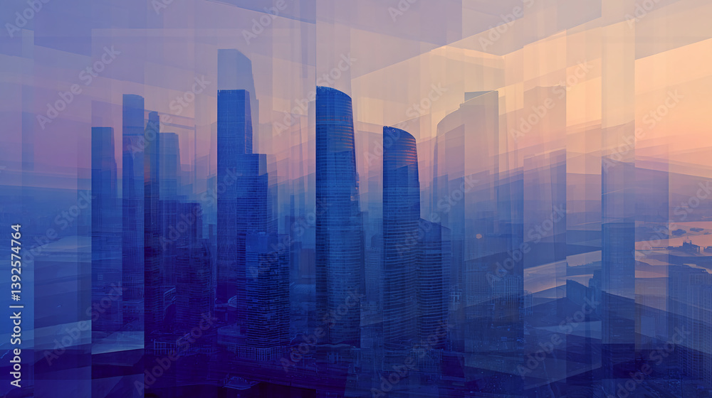 Aufkleber abstract cityscape image showing layered overlapping skyscrapers in shades of blue and purple at sun