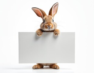 Obraz premium Brown bunny rabbit holding blank advertising board isolated white background. Cute animal mascot peeking, ready for message. Easter bunny, spring holiday design. Ideal for advertising, banner,