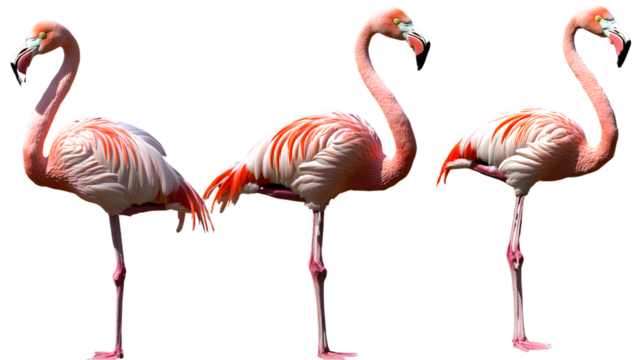 3 pink flamingos, in different poses and expressions, on a transparent background png
