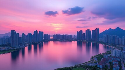 Obraz premium Sunset cityscape over tranquil lake