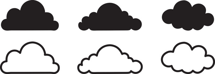 Set of Black Cloud Icon Designs, Cloud silhouette vector illustration, outline on white background