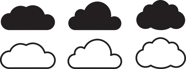 Set of Black Cloud Icon Designs, Cloud silhouette vector illustration, outline on white background