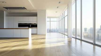 Fototapeta premium Modern open plan apartment with sleek kitchen and large windows
