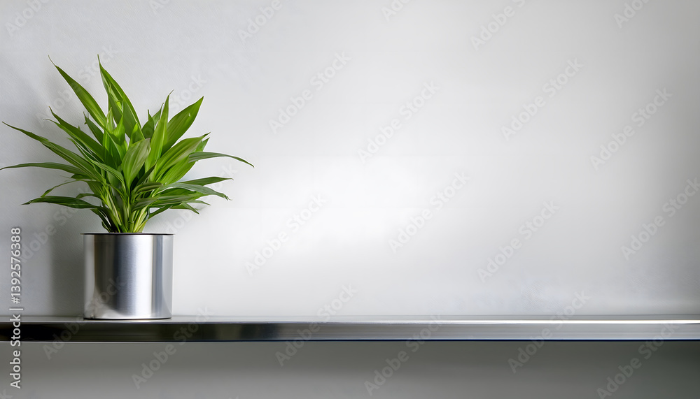 Aufkleber a plant in a silver pot sits on a sleek shelf against a light background, adding a touch of greenery