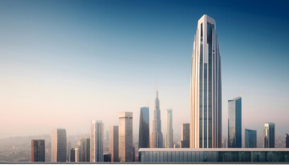 Obraz premium Modern skyline featuring architectural skyscrapers against a clear sky, showcasing urban development and city life
