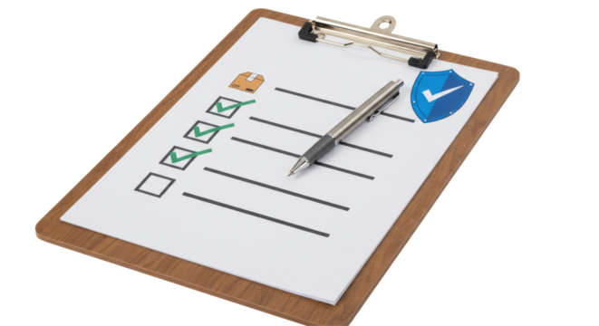 Isolated Checklist with Pen Indicating Task Completion and Shield