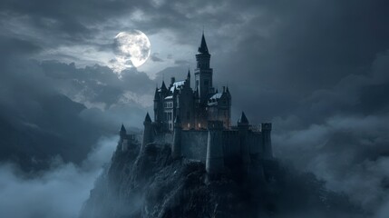 Naklejka premium Enigmatic Citadel Under Lunar Glow: A gothic castle, silhouetted against a dramatic night sky, crowned by a full moon and shrouded in atmospheric mist.