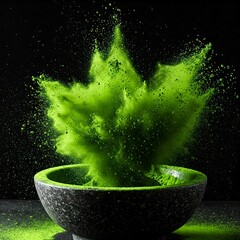 Matcha Green Tea Powder Explosion in Stone Mortar