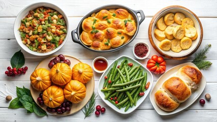 Thanksgiving Side Dish Panorama: Scalloped Potatoes, Acorn Squash, Green Beans & Rolls