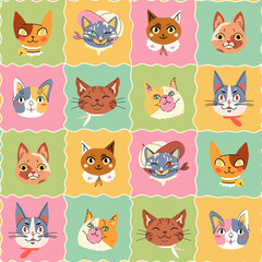 Cat gingham seamless pattern. Cute Tartan check for tablecloths, clothes, packaging. Cozy cute animal pet character background