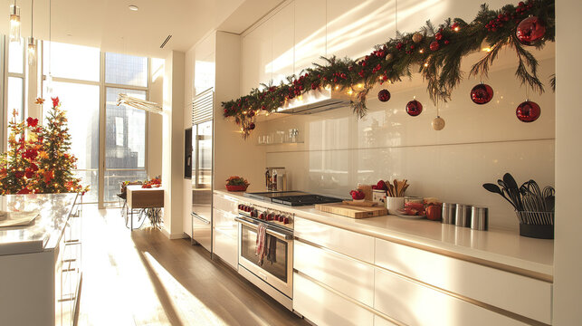 Sleek kitchen with white cabinets and festive fall garland decor