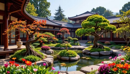 Obraz premium A detailed photograph capturing the intricate patterns and textures of a traditional oriental garden, with carefully pruned bonsai trees, tranquil ponds