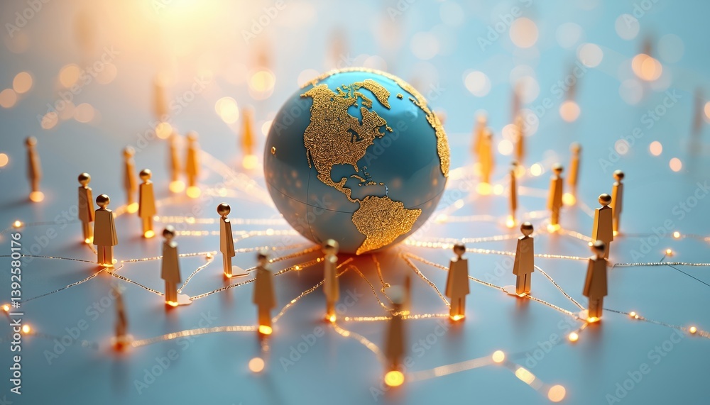 Aufkleber 3d rendering global network. gold people figures connected to globe by lines, symbolizing global con