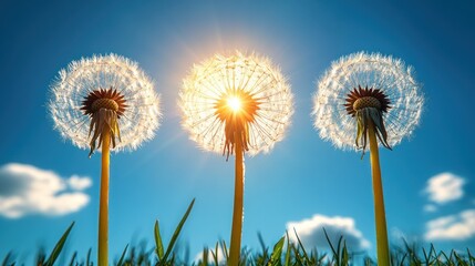 Three Dandelions in Sunlight, Blue Sky, Grass