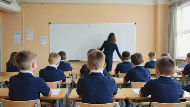 A group of students in uniform sit attentively in a classroom facing a teacher at the whiteboard. Concept of structure, traditional education, and disciplined learning.