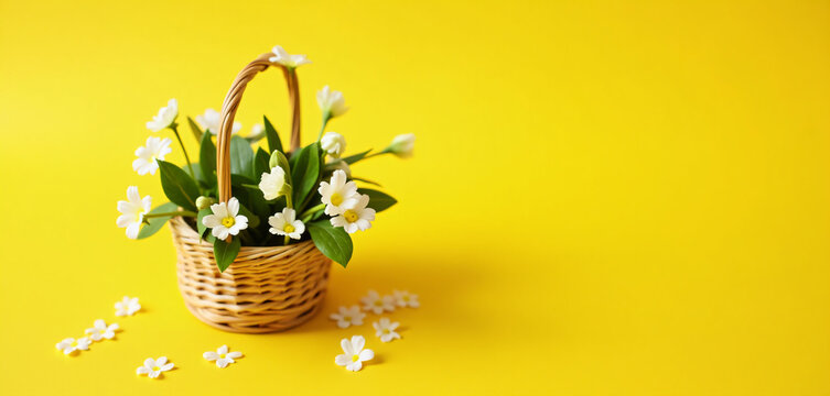 A small basket filled with white flowers on a yellow background.