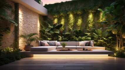 A modern, sleek wall-mounted outdoor light fixture emits a warm glow in an open