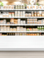 White table in a store with shelves of products in the background, offering a space for display