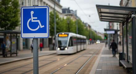 Accessible City Transit: A Streetcar Passes a Designated Disabled Access Point AI Generated
