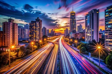 Obraz premium Enchanting Long Exposure City Lights A Nighttime Urban Exploration Through Photography