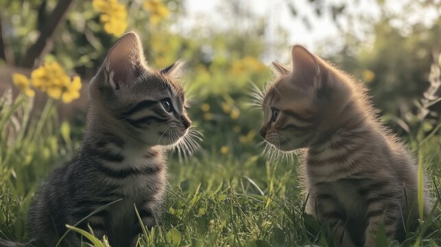Two adorable tabby kittens face each other amidst lush green grass and blurred yellow wildflowers, creating a heartwarming scene