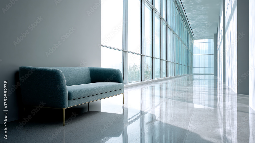 Aufkleber teal fabric sofa sits in a modern, bright hallway with large windows, showcasing a clean and minimal