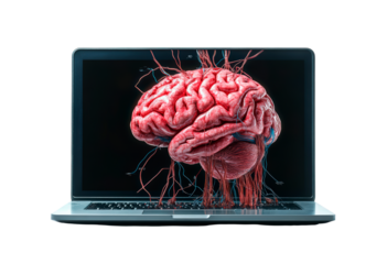 brain model emerging from laptop screen isolated on transparent background