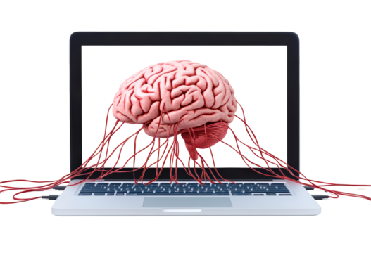 brain model emerging from laptop screen isolated on transparent background