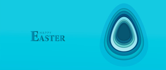 Easter paper cut egg on blue banner background. Festive holiday card design. Happy Easter vector.