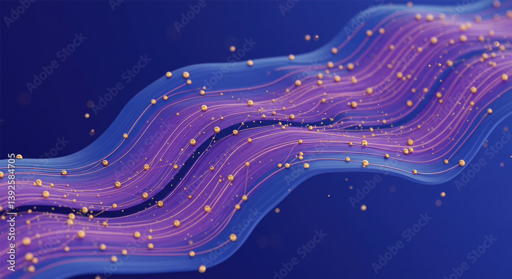 Poster a wave connecting purple and blue lines and dots. concept of big data and technology. abstract backg