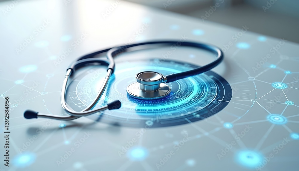 Poster Stethoscope placed on a digital interface background with glowing lines and dots. Represents telehealth, remote patient monitoring, modern healthcare tech, virtual consultation, medical innovation.